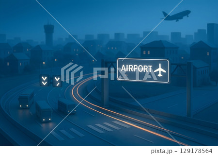 空港へ向かう高速道路と飛行機の離陸シーン（夜景・立体構成） 129178564