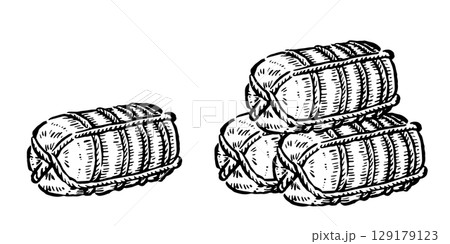 米俵 単品と積んだもの 単色線画 米俵 単品と積んだもの 単色線画 129179123