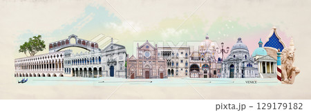 Contemporary artwork. Creative design in retro style. Color image if beautiful buildings in Venice. Vintage town. Concept of creativity, surrealism, imagination, futuristic landscape. Poster 129179182