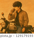 バイクに乗りコーヒーを飲む 129179193