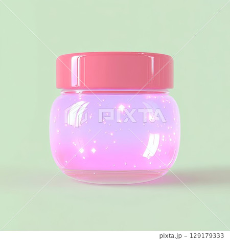 Glassy pink cream jar template on pastel green backdrop. Modern design for cosmetic or marketing themes, great for logo customization ideas. Perfect for product or promotional visuals. 129179333