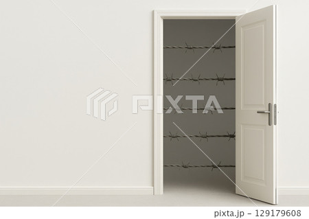 An open door with barbed wire behind it. Space for text. 129179608