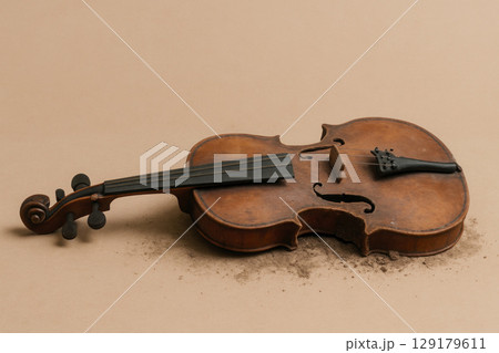 A broken old violin with cracks on a brown background. A broken old violin with cracks on a brown background. 129179611