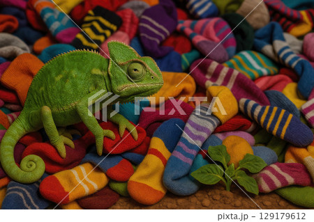 A chameleon lost among a mountain of bright socks. 129179612