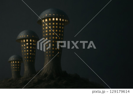 Night skyscrapers in the shape of mushrooms with illuminated windows. Space for text. Night skyscrapers in the shape of mushrooms with illuminated windows. Space for text. 129179614