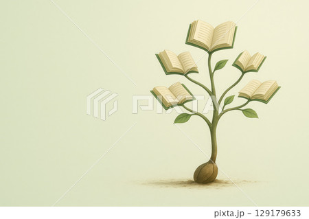 A sprout with books instead of leaves on a light background. Space for text. 129179633