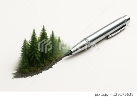 Ballpoint pen turning into a green forest on a light background. 129179639