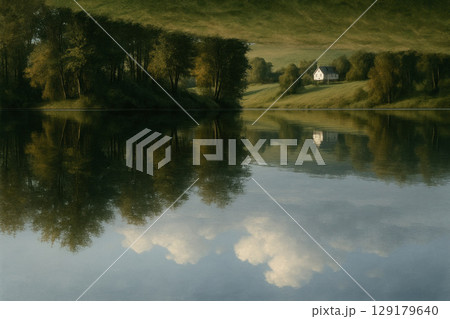 Autumn landscape with a mirror reflection in the water. 129179640