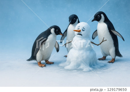 Penguins and a melting snowman. Space for text. 129179650