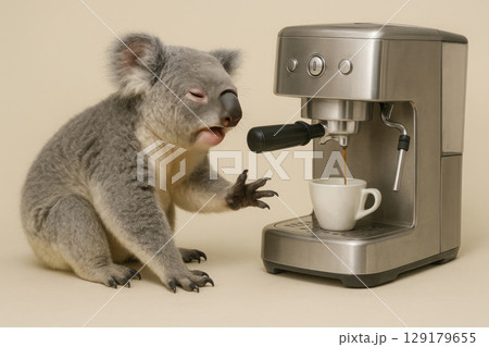 Sleepy koala waiting for espresso from a coffee machine on a beige background. 129179655