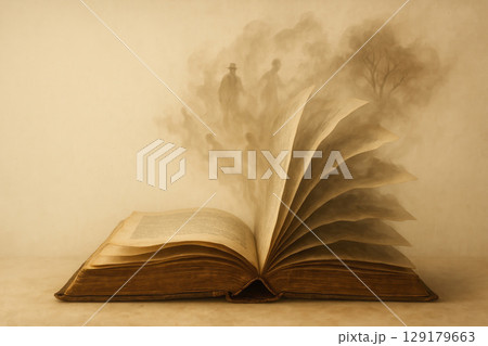 A revived story coming out of the pages of an old book. A revived story coming out of the pages of an old book. 129179663
