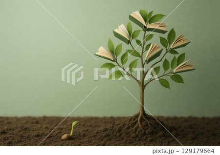 A sprout that grows into a tree with books instead of leaves. Space for text. 129179664