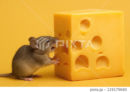The mouse looks at the cheese with delight. The mouse looks at the cheese with delight. 129179680