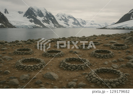 A desert Antarctic landscape with circles of stones. 129179682