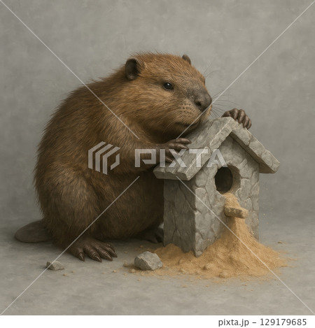 The beaver builds a house from sand stone. 129179685