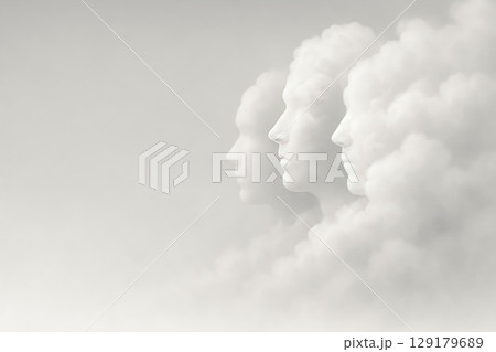 Cloudy faces growing out of the mist. Space for text. 129179689
