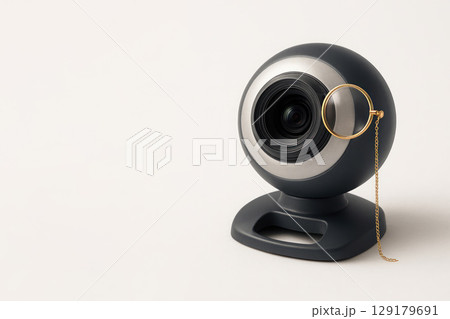 Webcam with a gold monocle on a light background. Space for text. 129179691