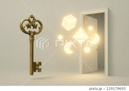 The mystery of the key that opens the door to luminous magical forms. Space for text. The mystery of the key that opens the door to luminous magical forms. Space for text. 129179693
