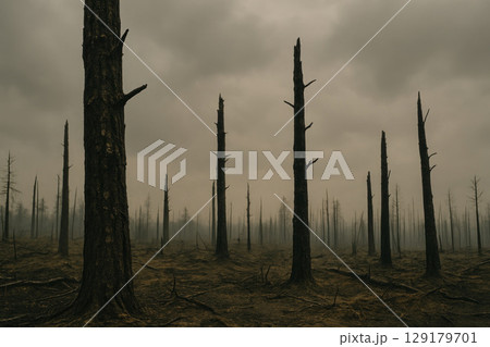 A scorched forest under a heavy gray sky. 129179701