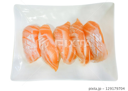 Top view of Fresh Salmon sushi , focus selective Top view of Fresh Salmon sushi , focus selective 129179704