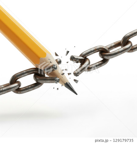 A pencil breaks a chain on a light background. 129179735