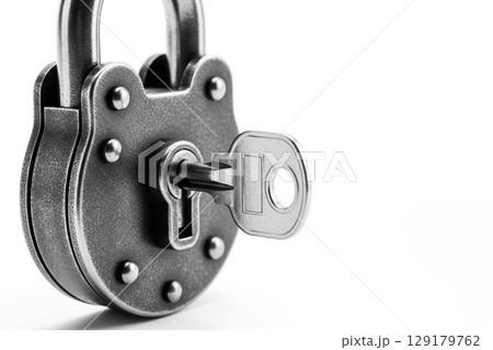 The key is inserted into an antique metal lock. Space for text. The key is inserted into an antique metal lock. Space for text. 129179762