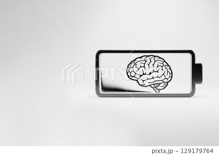 An icon of the brain inside a nearly dead battery. Space for text. An icon of the brain inside a nearly dead battery. Space for text. 129179764