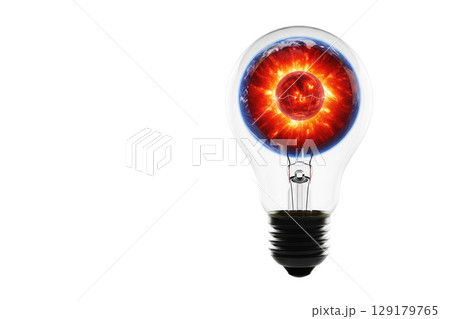 A lamp with the flame of the sun inside as a source of energy. Space for text. A lamp with the flame of the sun inside as a source of energy. Space for text. 129179765