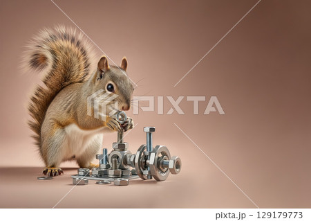 The squirrel assembles the structure from nuts and bolts. Space for text. 129179773