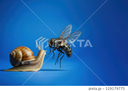 A snail and a fly at the moment of an unexpected meeting. Space for text. A snail and a fly at the moment of an unexpected meeting. Space for text. 129179775