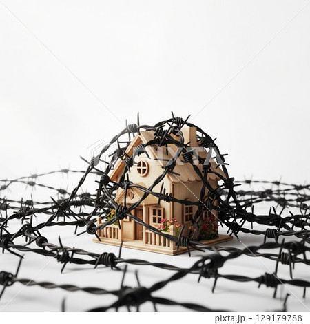 A house in a ring of barbed wire as a symbol of restriction. 129179788