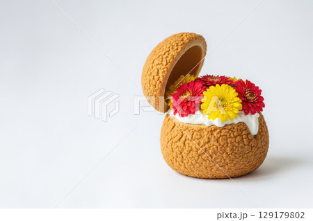 Dessert in the form of a bun with flowers and cream. Space for text. Dessert in the form of a bun with flowers and cream. Space for text. 129179802