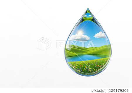 A drop of water with a landscape of nature inside. Space for text. 129179805