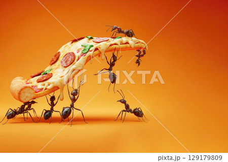Ants carry a giant slice of pizza. Space for text. Ants carry a giant slice of pizza. Space for text. 129179809