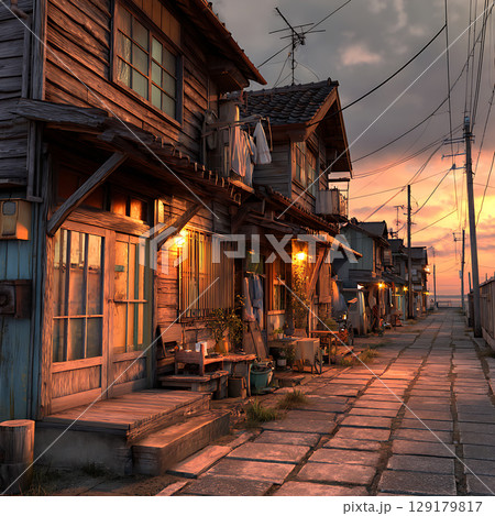 洗濯物が揺れる夕暮れの日本の路地裏風景 129179817