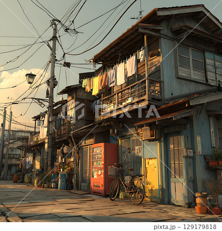 洗濯物が揺れる夕暮れの日本の路地裏風景 129179818