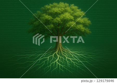 A digital tree with shining roots, a symbol of the connection between technology and nature. 129179846