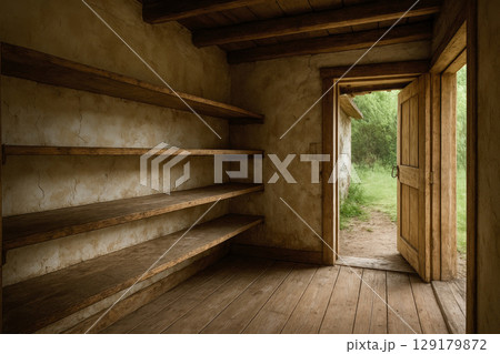 An old empty closet with a slightly open door. 129179872