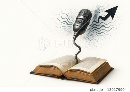 A microphone coming out of a book, with an arrow pointing upwards. Space for text. 129179904