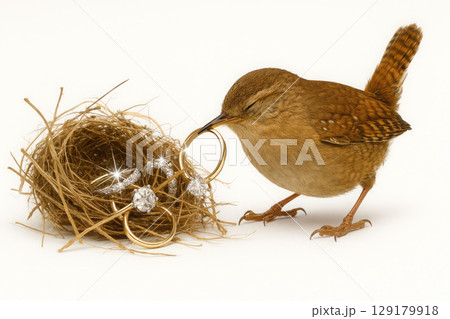 A small bird puts gold rings with diamonds in a nest. A small bird puts gold rings with diamonds in a nest. 129179918