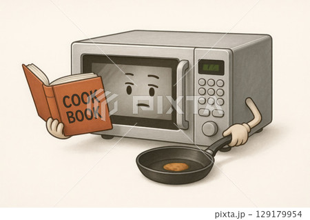 A microwave oven with hands cooks from a cookbook. 129179954