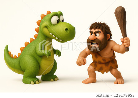 A caveman with a club argues with a cartoon dinosaur. 129179955