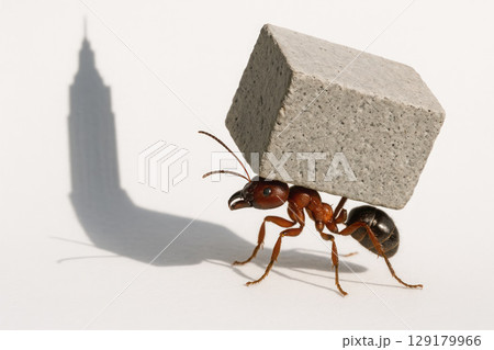 An ant carries a heavy brick with the shadow of a skyscraper. Space for text. 129179966