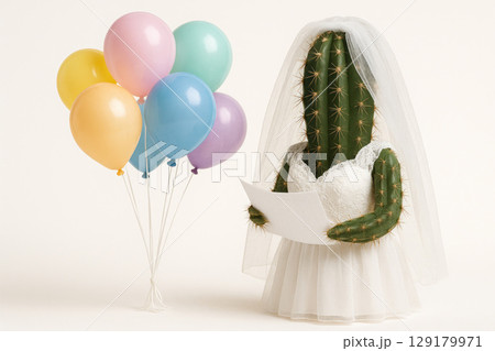 Cactus-bride with airy with multi-colored balloons. 129179971