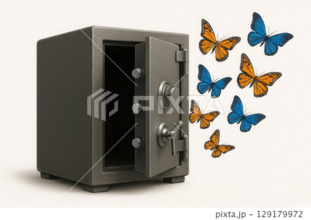 A safe from which butterflies fly out. 129179972