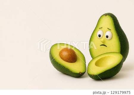 A sad avocado looks at the avocado divided into two halves without a squint. Space for text. 129179975