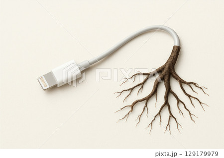 A charging cable that turns into roots. Space for text. 129179979