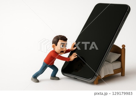 A man is trying to put his smartphone to bed. Space for text. 129179983