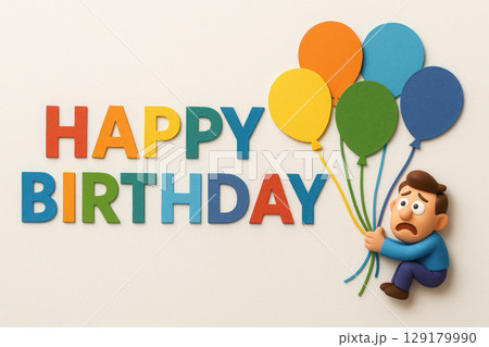 The inscription Happy Birthday is made of paper, a man holds balloons. 129179990