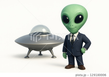 A green alien in a business suit next to a flying saucer. 129180006